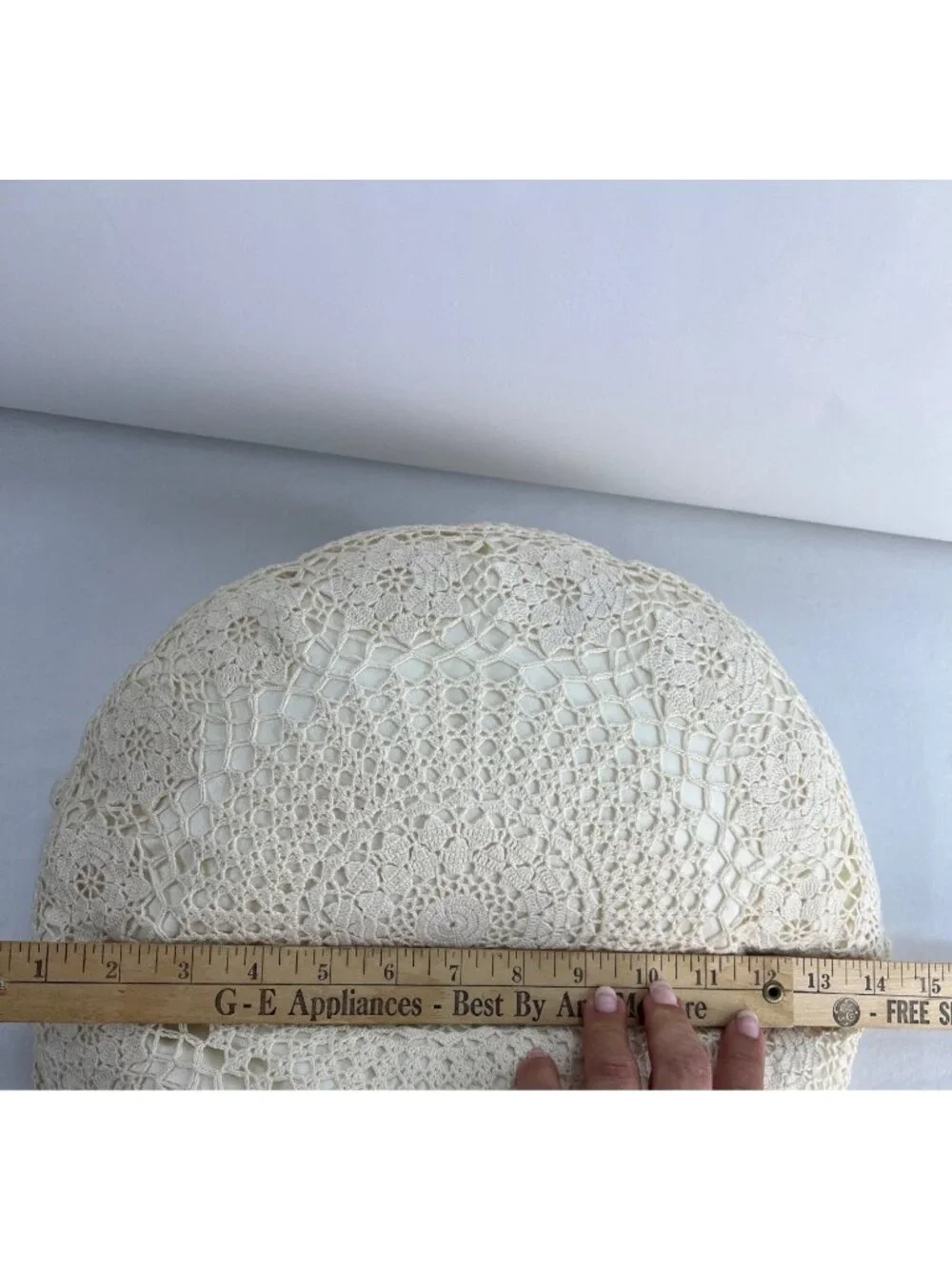 VTG Round Crochet Lace Accent Pillow Cream 14